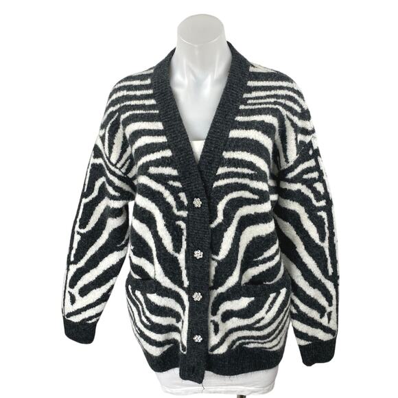 Zara Black White Wool Zebra Print Long Sleeve Button Up Cardigan Sweater Top S - Picture 1 of 5